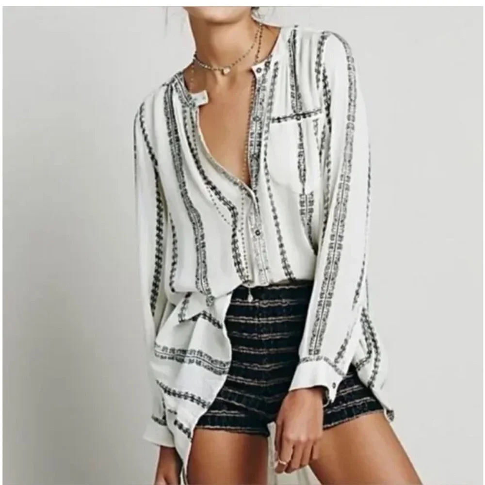 FREE PEOPLE Vanilla Combo Shibori Magic Long Sleeve‎ Top Size Medium